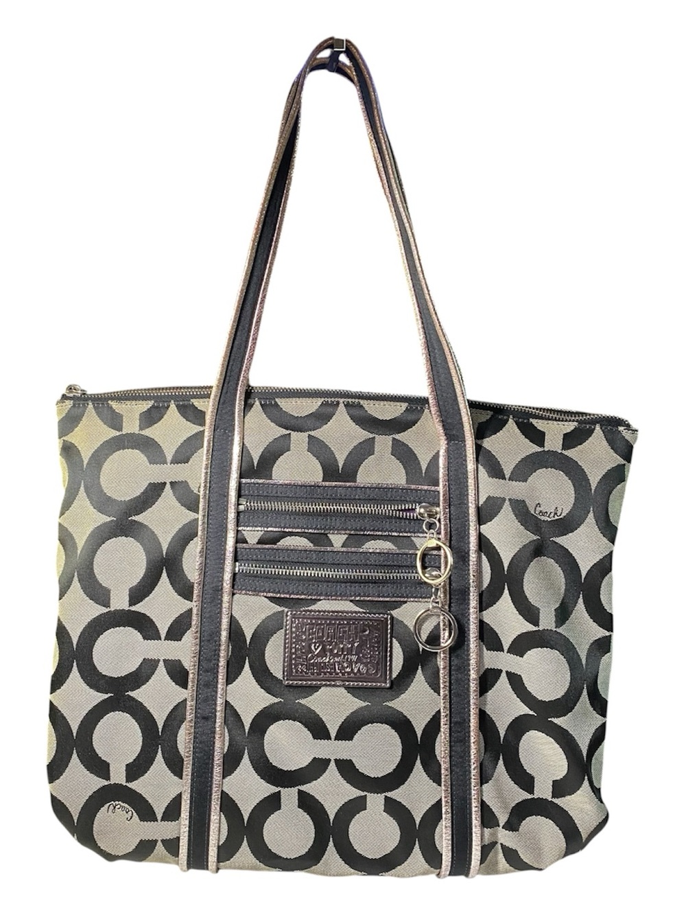 Y2K Coach Poppy Op Art Glam Tote Bag Beige Black Signature C Fabric 2000’s